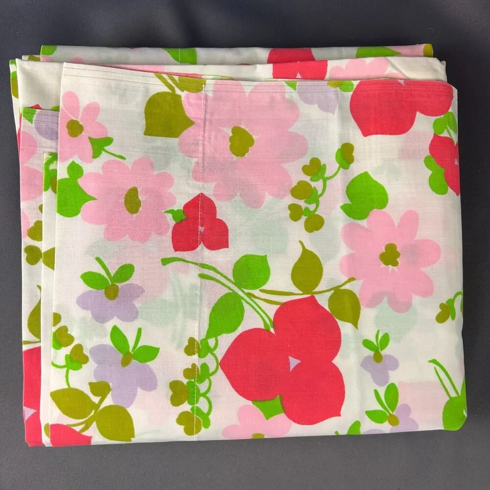 Vintage Pennprest Penneys Percale Pink Red Floral Full Flat Bed Sheet 81x104